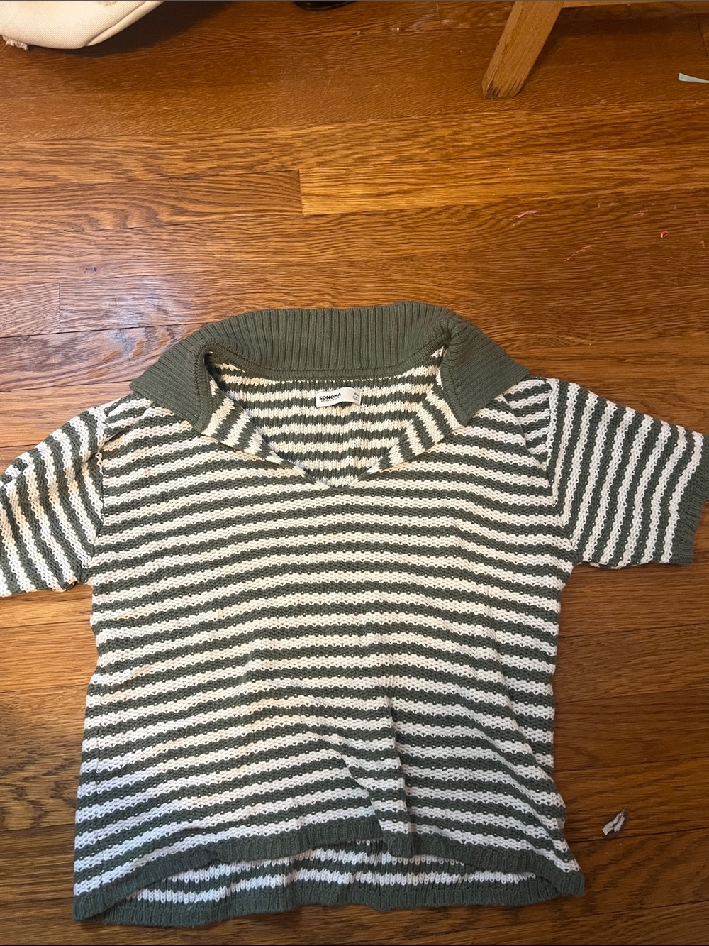 Striped Knit Short Sleeve Cropped Sweater in Olive and Cream